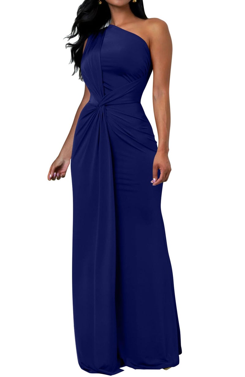 Memoriesea Women's Elegant Sleeveless One Shoulder Bodycon Evening Cocktail Maxi Dress RoyalBlue - Image 1