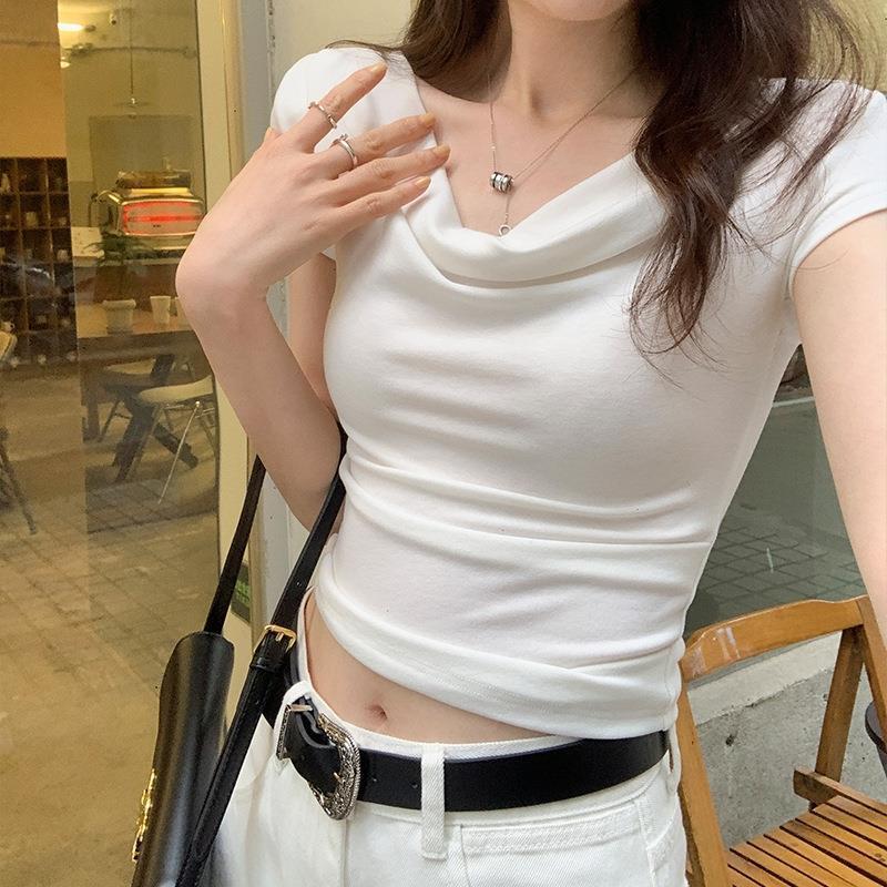 Designed Swing Collar One-Shoulder Short-Sleeved T-Shirt For Women 2025 Summer Slim Slim Off-Shoulder Short Top Trendy - Image 1