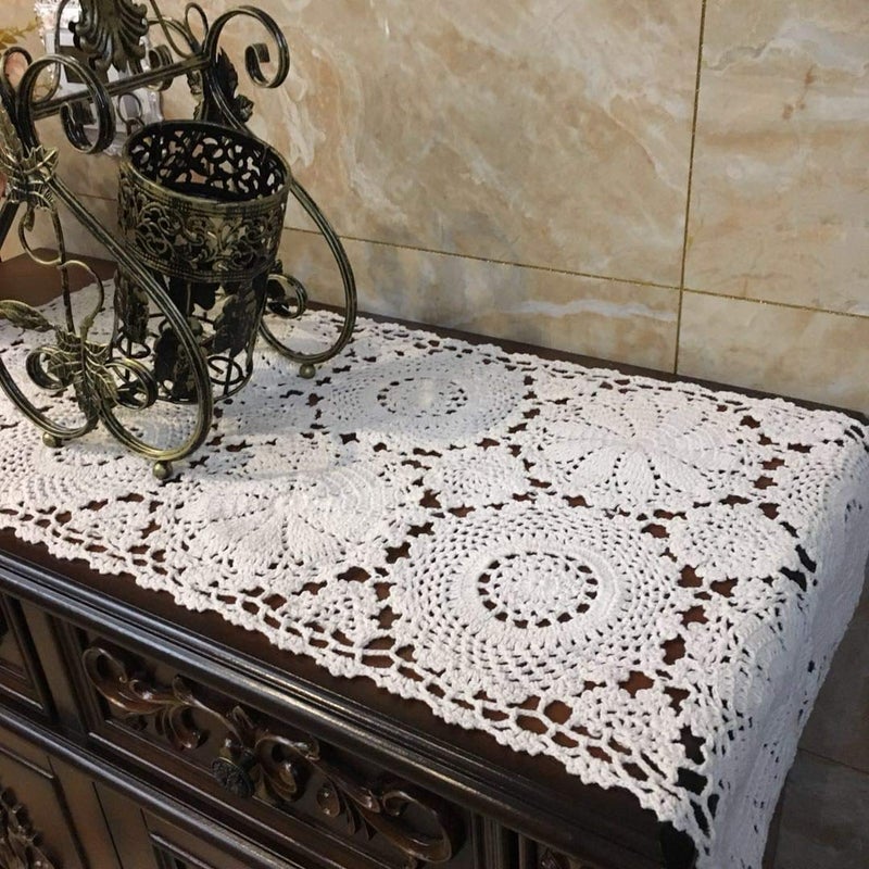 USTIDE 2PC Rustic Floral Table Runner Hand Crochet Table Placemats White Cotton Table Doilies Runners157 inchx315 inch