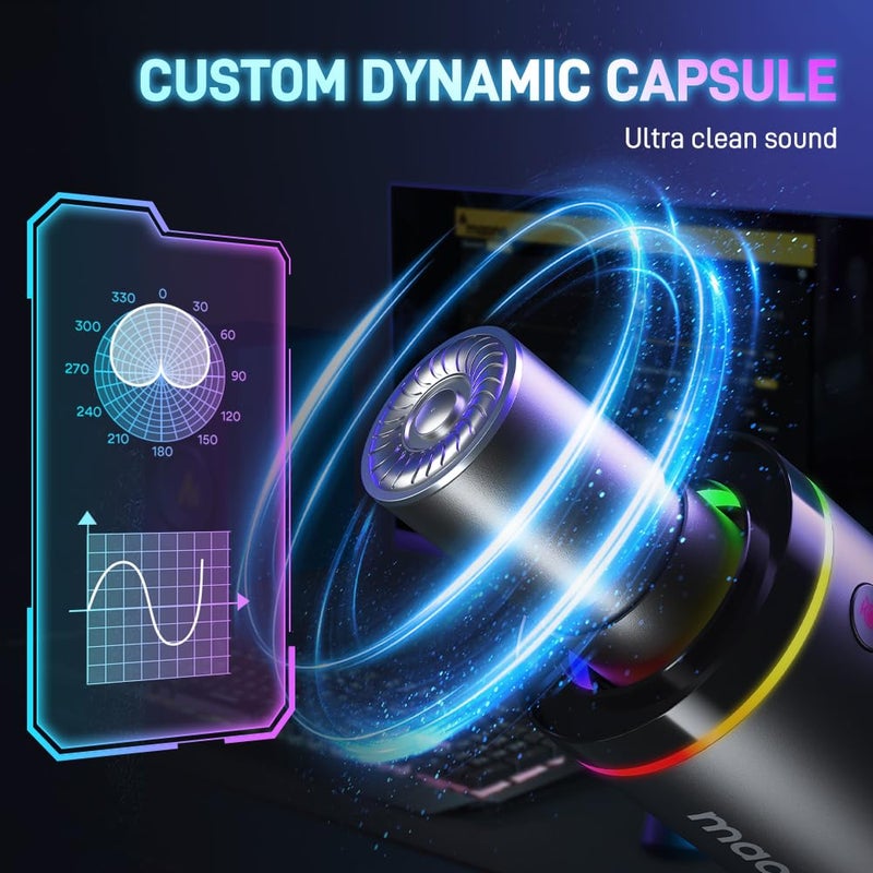 Maono ميكروفون ديناميكي MAONO XLR/USB، ميكروفون ألعاب RGB مع برنامج، زر كتم، زر تحكم في الكسب، تحكم في الصوت ومدخل سماعة الرأس للبث، البودكاست، التسجيل-PD200X (أسود) - Image 2