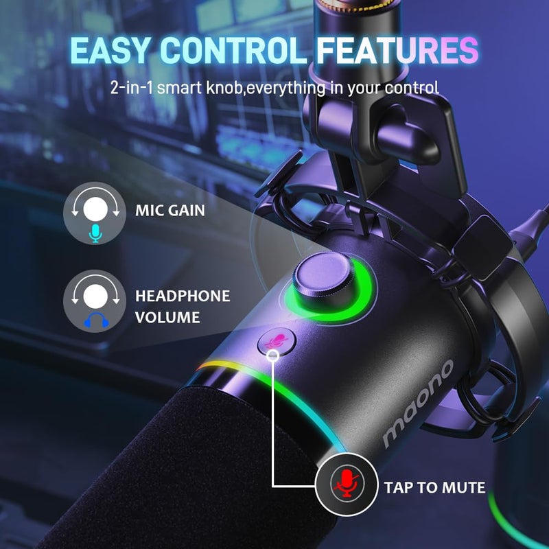 Maono ميكروفون ديناميكي MAONO XLR/USB، ميكروفون ألعاب RGB مع برنامج، زر كتم، زر تحكم في الكسب، تحكم في الصوت ومدخل سماعة الرأس للبث، البودكاست، التسجيل-PD200X (أسود) - Image 5