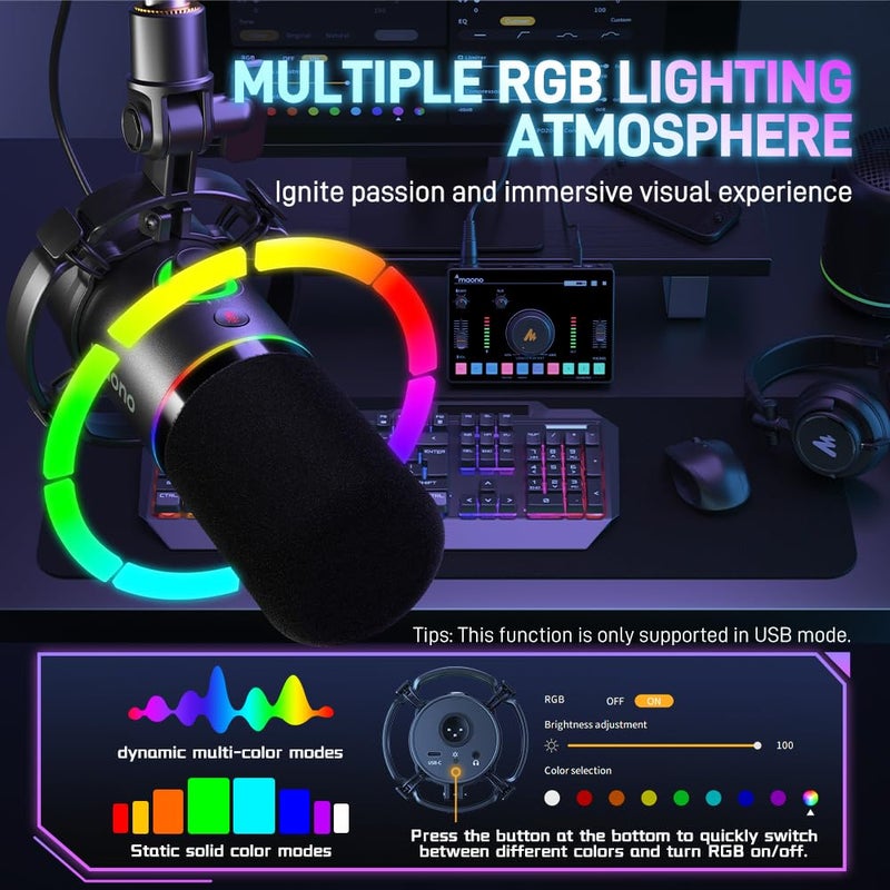 Maono ميكروفون ديناميكي MAONO XLR/USB، ميكروفون ألعاب RGB مع برنامج، زر كتم، زر تحكم في الكسب، تحكم في الصوت ومدخل سماعة الرأس للبث، البودكاست، التسجيل-PD200X (أسود) - Image 4