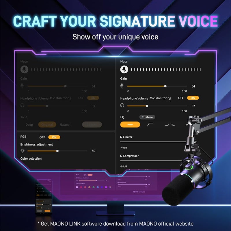 Maono ميكروفون ديناميكي MAONO XLR/USB، ميكروفون ألعاب RGB مع برنامج، زر كتم، زر تحكم في الكسب، تحكم في الصوت ومدخل سماعة الرأس للبث، البودكاست، التسجيل-PD200X (أسود) - Image 3