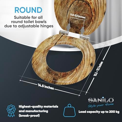 SANILO Wooden Toilet Seat with Soft Close [ROUND] - Decorative, Quiet & Slow Close Molded Wood Seat - With Strong Bumpers & Hinges - Adjustable Fit – Rustic - Image 4