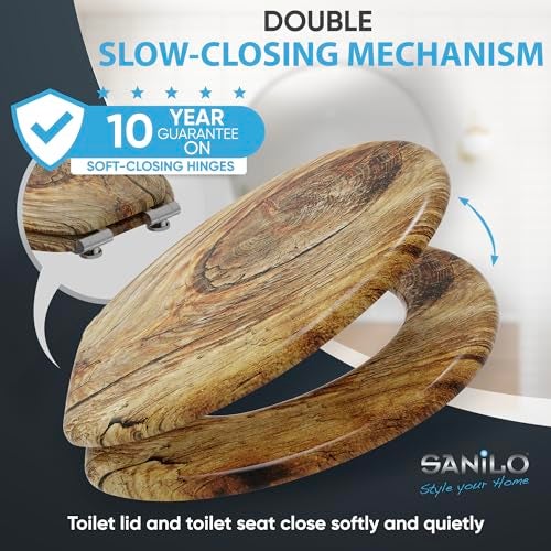 SANILO Wooden Toilet Seat with Soft Close [ROUND] - Decorative, Quiet & Slow Close Molded Wood Seat - With Strong Bumpers & Hinges - Adjustable Fit – Rustic - Image 3