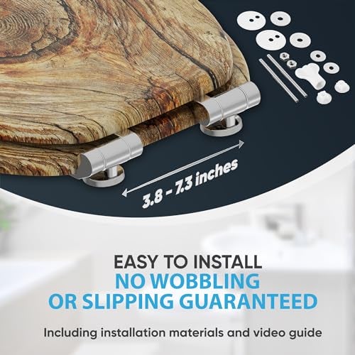 SANILO Wooden Toilet Seat with Soft Close [ROUND] - Decorative, Quiet & Slow Close Molded Wood Seat - With Strong Bumpers & Hinges - Adjustable Fit – Rustic - Image 5
