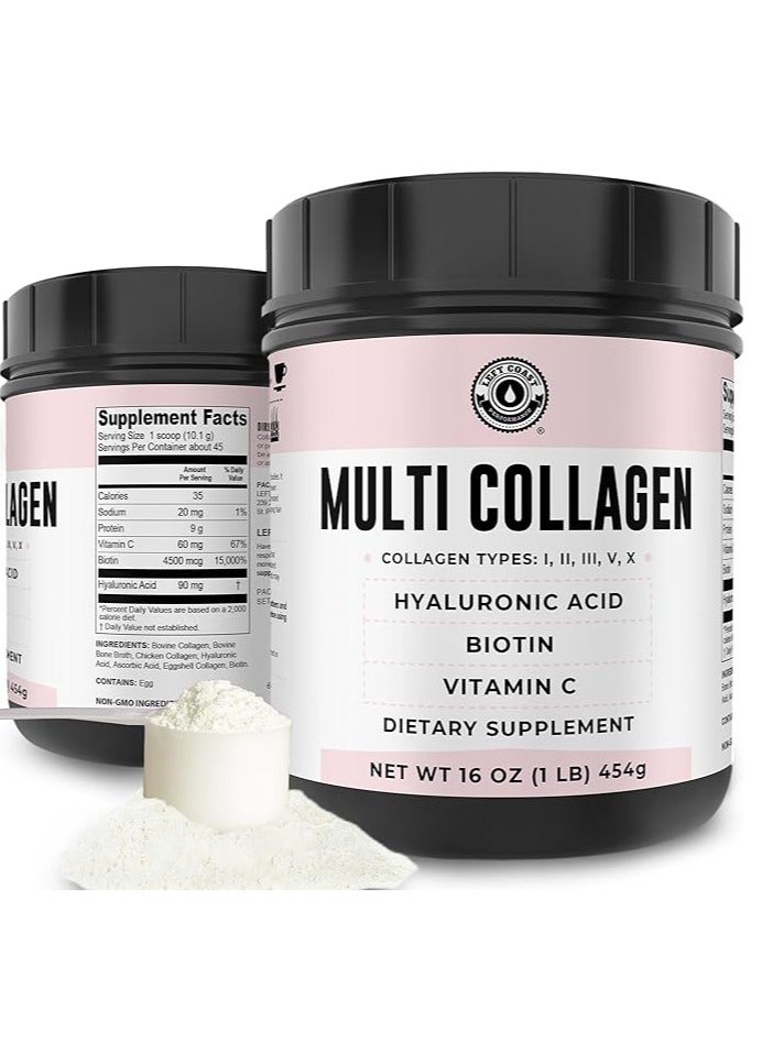 Left Coast Performance Multi Collagen Peptides Powder Types I, II, III, V, X Collagen with Hyaluronic Acid 16 oz