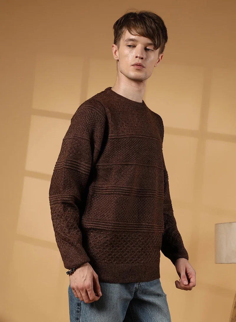 Campus Sutra Men's Umber Brown Textured-Knit Pullover Sweater