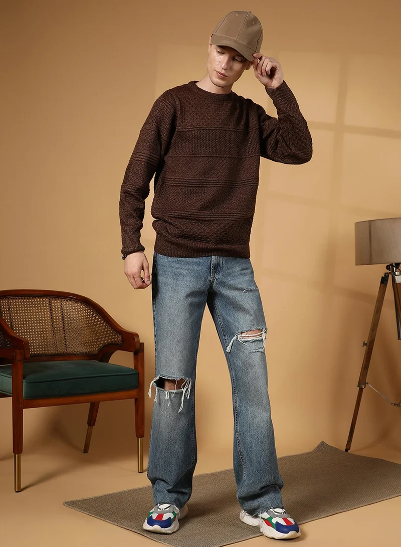 Campus Sutra Men's Umber Brown Textured-Knit Pullover Sweater
