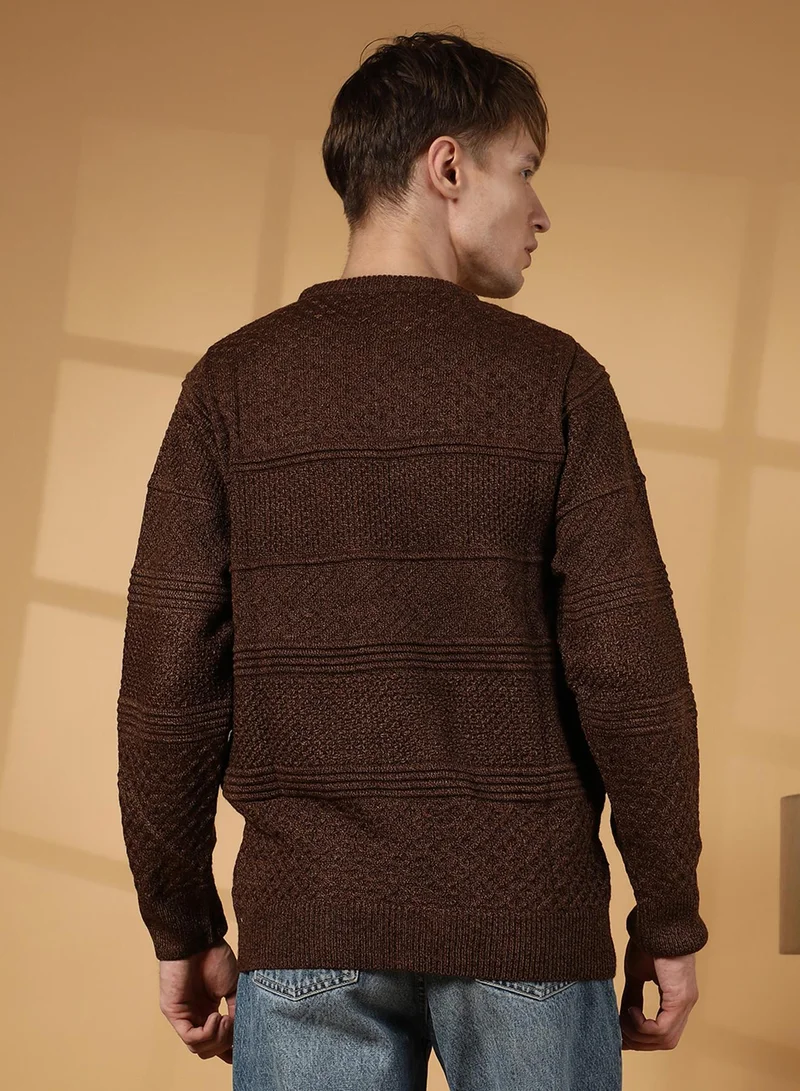 Campus Sutra Men's Umber Brown Textured-Knit Pullover Sweater