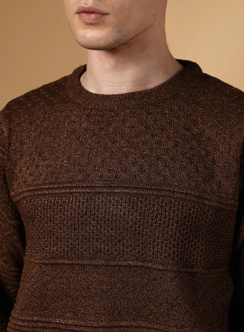 Campus Sutra Men's Umber Brown Textured-Knit Pullover Sweater