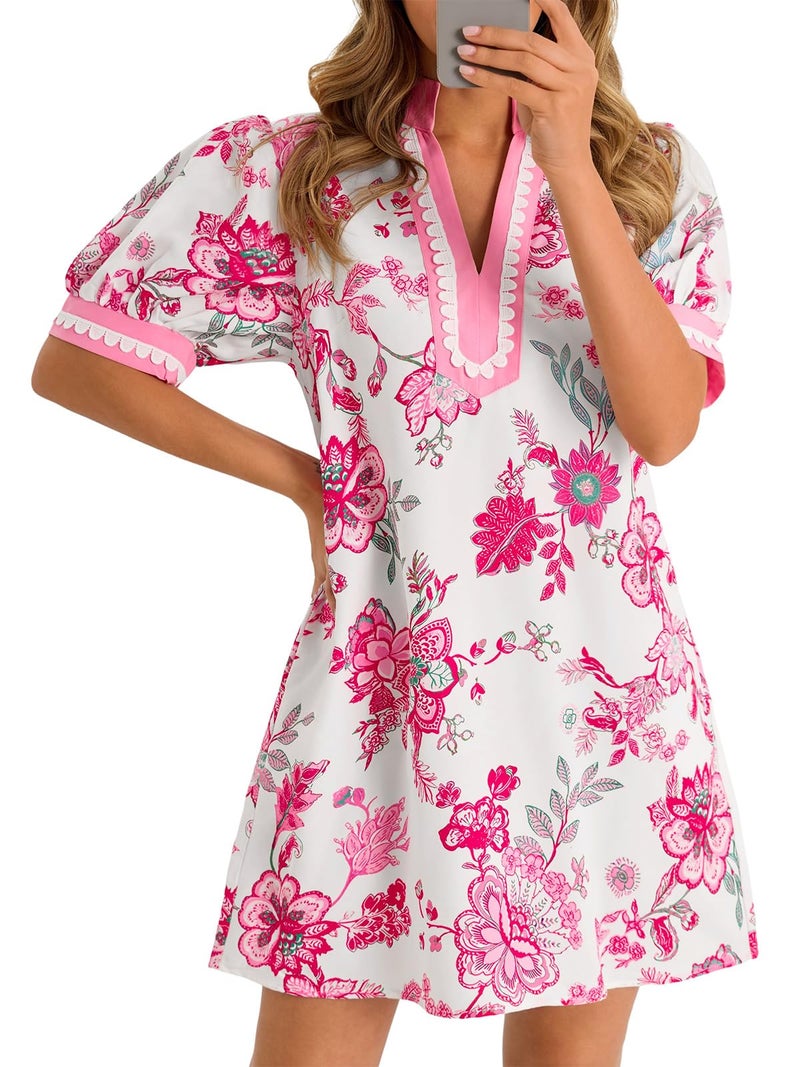 Wenrine Womens Summer Mini Dress Casual Floral Puff Sleeve V Neck Color Block Loose Boho Beach Dresses with Pockets Pink - Image 1