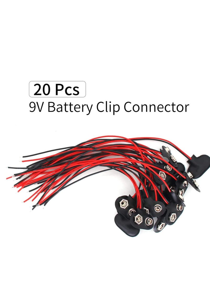 9V Battery Connector, T-Type 9 Volt Buckle  Hard, Leather Long Cable Housing Connection in Student Experiment, or Other Equipment with 9V, Shell Black Red (20 Pack)