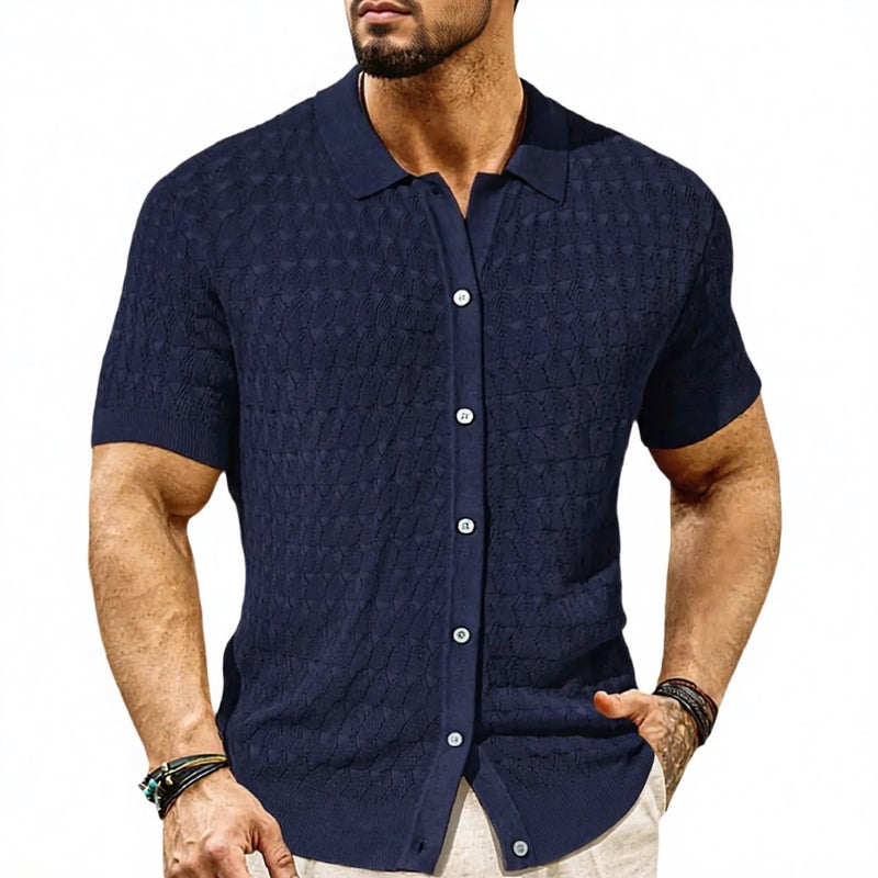 Men's Jacquard Knit Short Sleeve Polo Shirt Casual Summer Thin Cardigan - Image 1