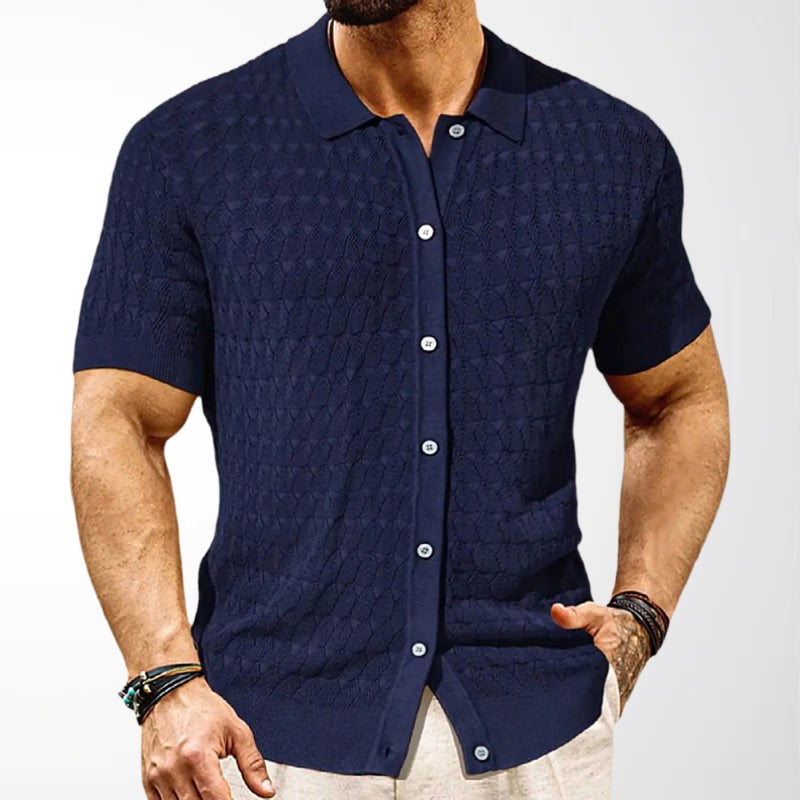 Men's Jacquard Knit Short Sleeve Polo Shirt Casual Summer Thin Cardigan - Image 2