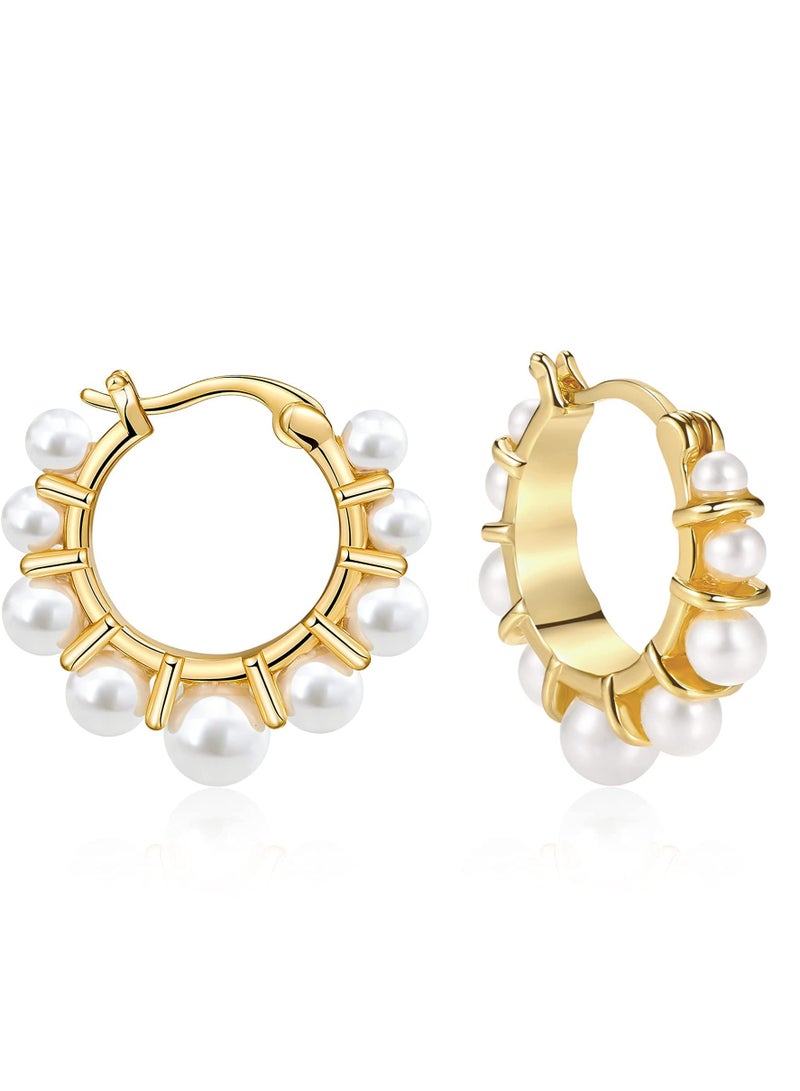 SYOSI Pearl Gold Hoop Earrings for Women, 14K Gold Plated Lightweight Cute Pearl Earrings for Girls - Image 1