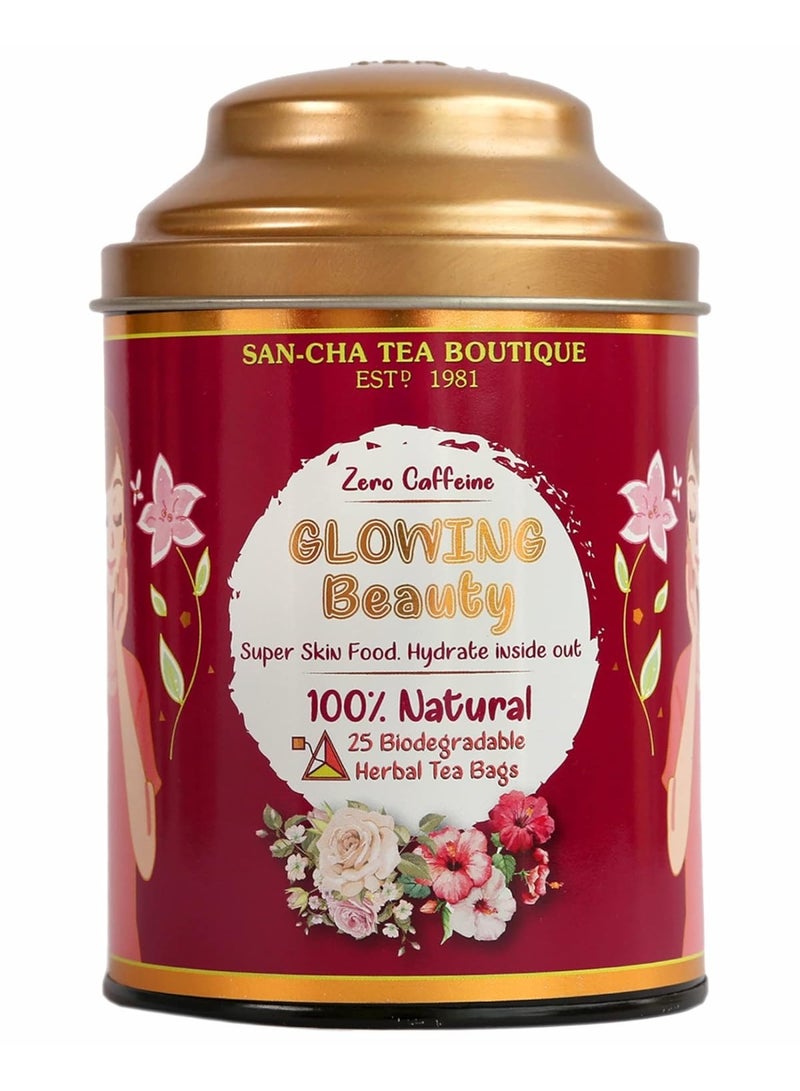 SAN-CHA بوتيك الشاي، شاي الجمال المتألق، شاي أعشاب خالٍ من الكافيين، 25 كيسًا هرميًا، يدعم نضارة البشرة وصحتها - Image 1