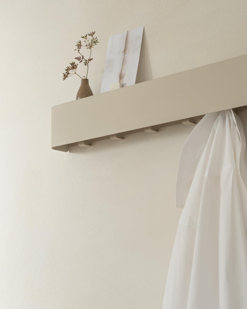 Kazai.Â® Coat Rack Wall Mount with Shelf 'Tone' | Modern Design Coat Hanger with Hidden Hooks and Storage | Hat Rack with Shelf in Metal | Wall-Mounted Purse Organizer | Taupe - Image 3