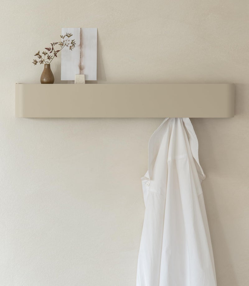 Kazai.Â® Coat Rack Wall Mount with Shelf 'Tone' | Modern Design Coat Hanger with Hidden Hooks and Storage | Hat Rack with Shelf in Metal | Wall-Mounted Purse Organizer | Taupe - Image 1