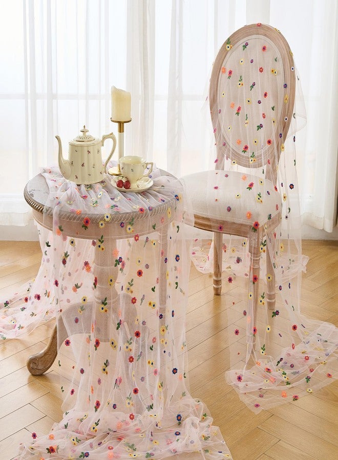 BINBE 1pcs Pink Daisy Summer Table Runner Embroidery Gauze Spring 10FT Florals Seasonal Tulle Holiday Birthday Kitchen Dining Table Decor for Home Party - Image 5