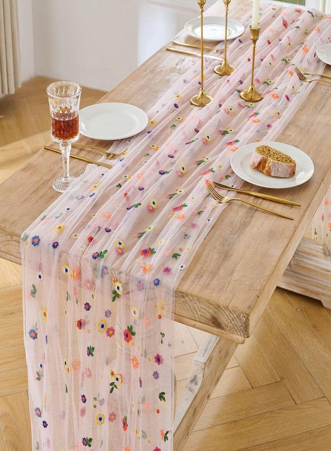 BINBE 1pcs Pink Daisy Summer Table Runner Embroidery Gauze Spring 10FT Florals Seasonal Tulle Holiday Birthday Kitchen Dining Table Decor for Home Party - Image 2