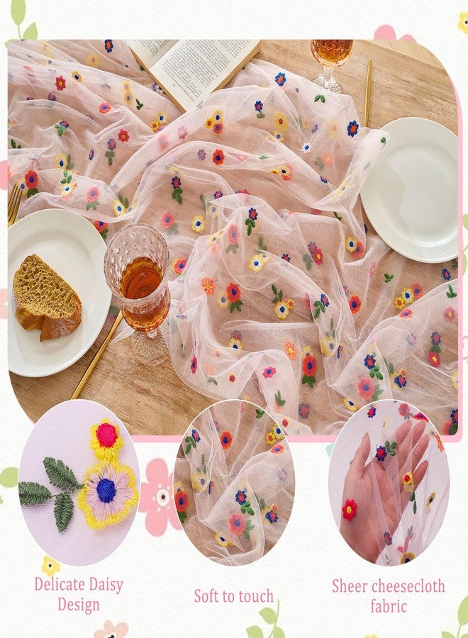 BINBE 1pcs Pink Daisy Summer Table Runner Embroidery Gauze Spring 10FT Florals Seasonal Tulle Holiday Birthday Kitchen Dining Table Decor for Home Party - Image 3
