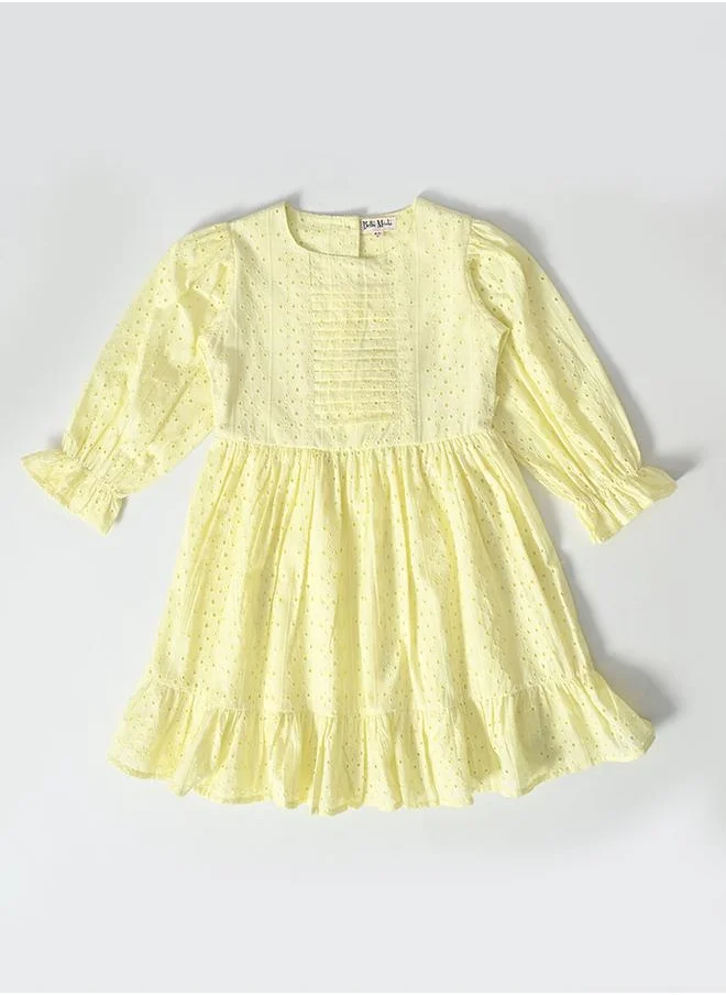 بيلا مودا Bella Moda Solid Schiffli Pintuck Detail Dress with 3/4 Sleeves