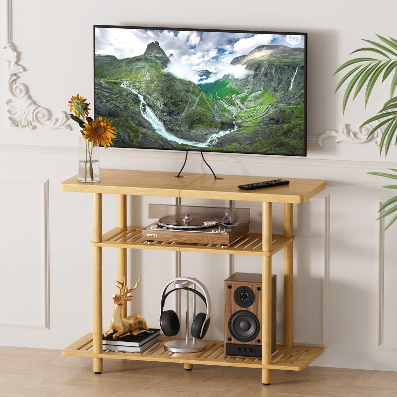 Atoping Bamboo TV Stand, Small TV Stands for up to 32 Inch, 3-Tier Entertainment Center TV Shelf with Storage, Sturdy Corner TV Stand for Small Spaces, 31.5 x 24.2 x 11.8 inches - Image 1