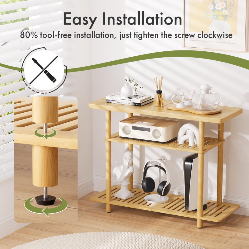 Atoping Bamboo TV Stand, Small TV Stands for up to 32 Inch, 3-Tier Entertainment Center TV Shelf with Storage, Sturdy Corner TV Stand for Small Spaces, 31.5 x 24.2 x 11.8 inches - Image 4