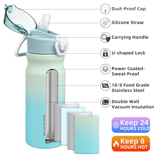 BJPKPK Insulated Water Bottle 18oz Stainless Steel Water Bottles with Straw and Carry Handle Double Wall Metal Thermal FlaskMint - Image 3