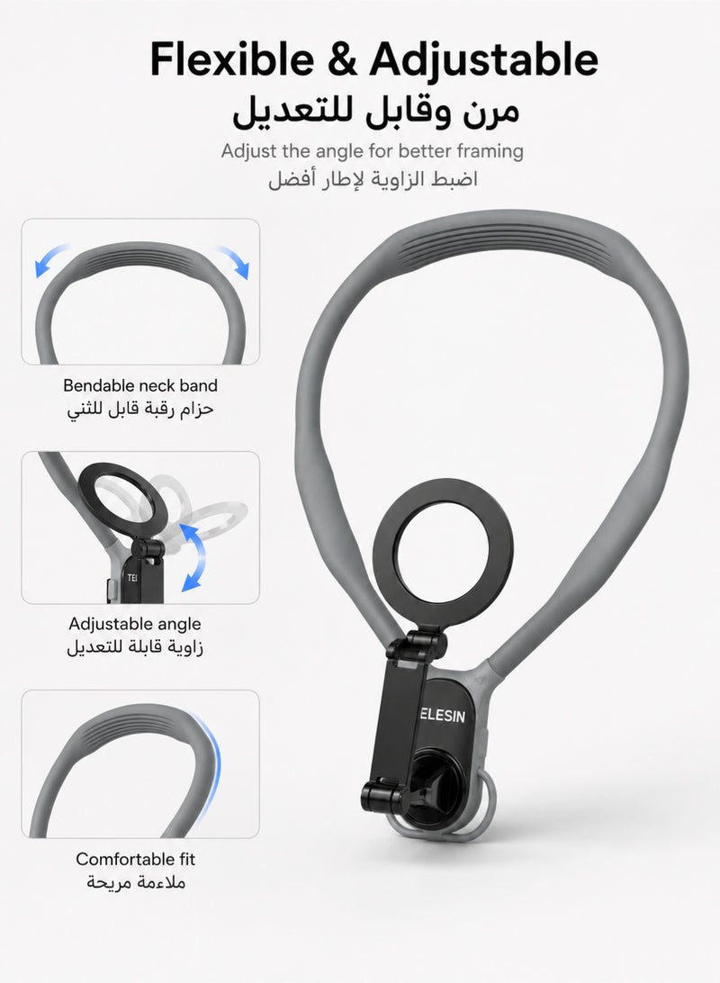TELESIN Magnetic Neck Mount for Phones, Comfortable Hands Free POV Video Holder with Quick Release, Adjustable Neck Phone Stand for Vlog, Cooking, Travel, iPhone and Android, Grey - Image 4