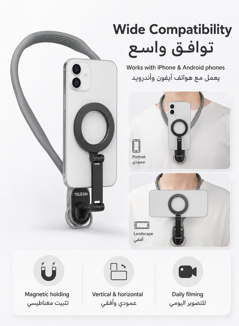TELESIN Magnetic Neck Mount for Phones, Comfortable Hands Free POV Video Holder with Quick Release, Adjustable Neck Phone Stand for Vlog, Cooking, Travel, iPhone and Android, Grey - Image 5