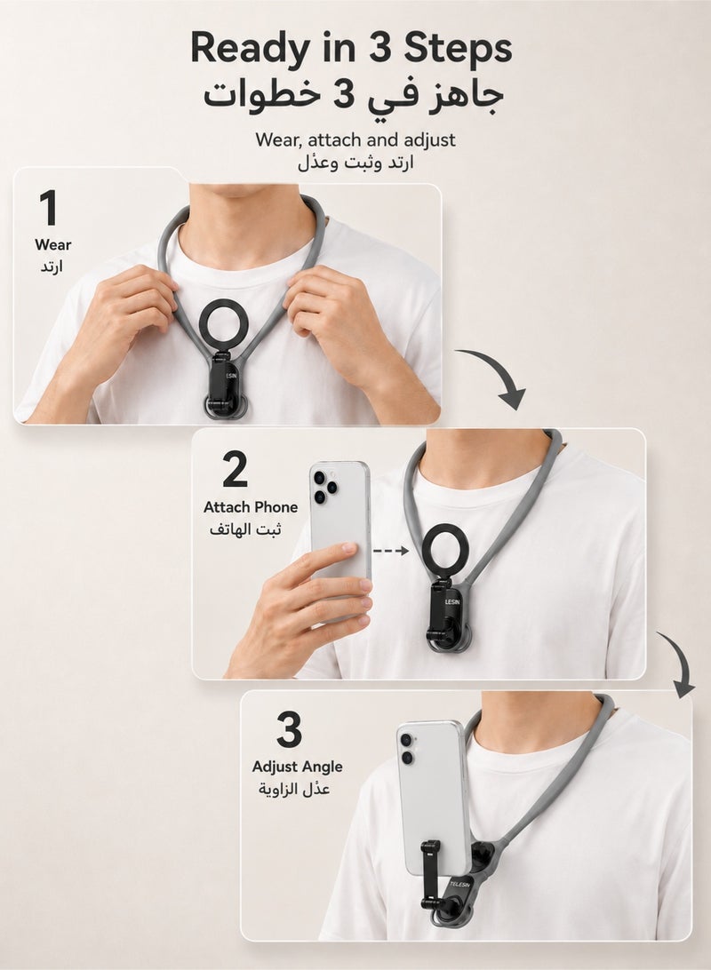 TELESIN Magnetic Neck Mount for Phones, Comfortable Hands Free POV Video Holder with Quick Release, Adjustable Neck Phone Stand for Vlog, Cooking, Travel, iPhone and Android, Grey - Image 5