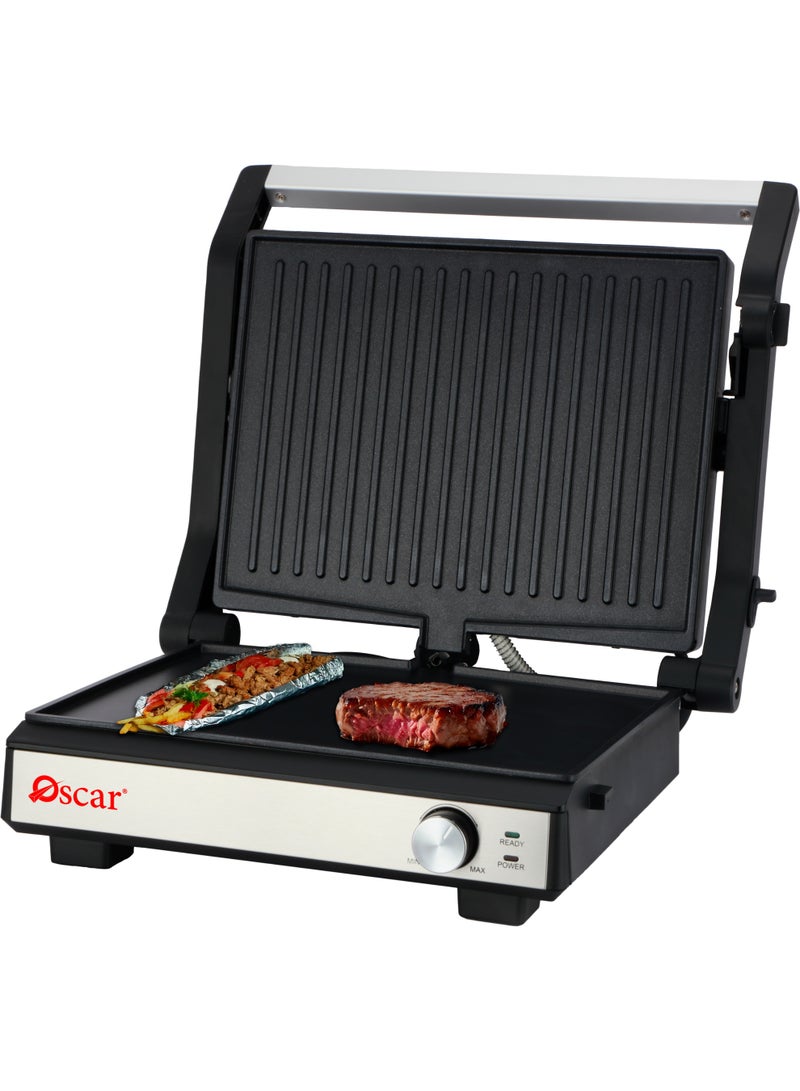 OSCAR Stainless Steel Press Grill | 2100W High Power Sandwich Maker | Non-Stick Fixed Grill Plates | Adjustable Temperature | Compact Kitchen Grill with Indicator Lights - OG401D