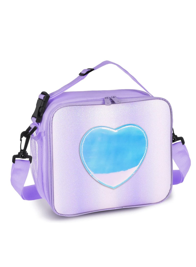 SYOSI Children's Lunch Box, Rainbow Laser Tote Leakproof Insulated Lunch Bag Reusable Insulated Bento Bag Picnic Ice Bag Girls Simple Shoulder Bag for School and Outdoor Backpack (Purple)  - Image 1