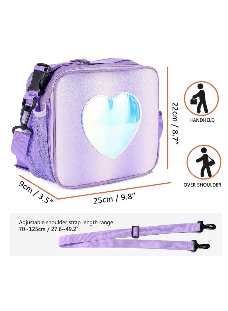 SYOSI Children's Lunch Box, Rainbow Laser Tote Leakproof Insulated Lunch Bag Reusable Insulated Bento Bag Picnic Ice Bag Girls Simple Shoulder Bag for School and Outdoor Backpack (Purple)  - Image 2