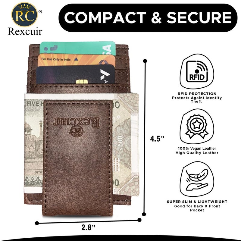 RC Rexcuir Vegan Leather Money Clip Wallet | Super Strong Magnetic Clip | Minimalist Money Clip | Slim Front Pocket Wallet RFID Blocking (Brown) - Image 3
