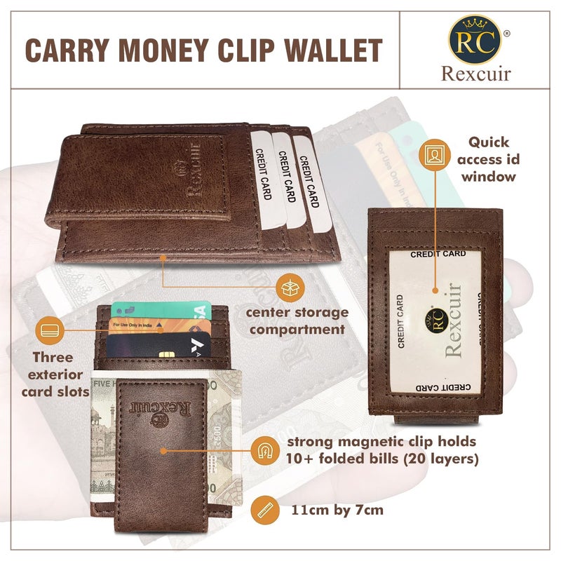 RC Rexcuir Vegan Leather Money Clip Wallet | Super Strong Magnetic Clip | Minimalist Money Clip | Slim Front Pocket Wallet RFID Blocking (Brown) - Image 2