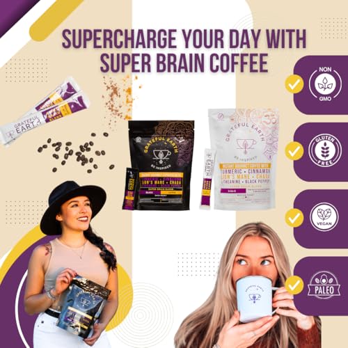 Grateful Earth Mushroom Coffee, Coconut Instant Coffee with Lion’s Mane Mushrooms, Chaga, Turmeric, L-Theanine, Cinnamon, Super Brain Blend For Energy & Immune Support, Dairy & Gluten Free, 20 Packets - Image 5
