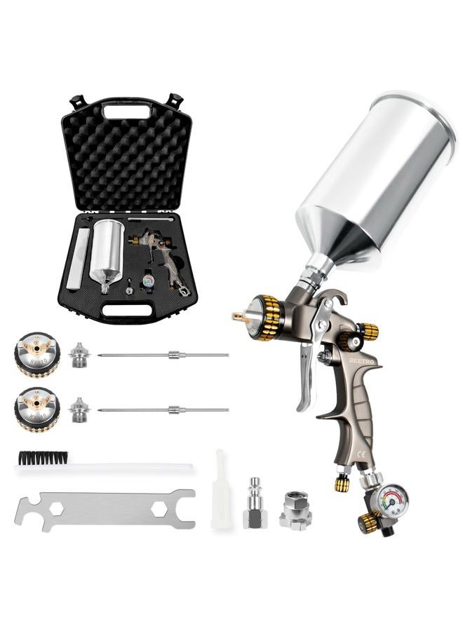BEETRO HVLP Spray Gun Kit: 600ml, 14.5CFM, 30-43psi, 1.4/1.8mm Stainless Steel Nozzles, Type 2 Adapter, Air Valve, Filter with Case - for Car Painting - Image 1