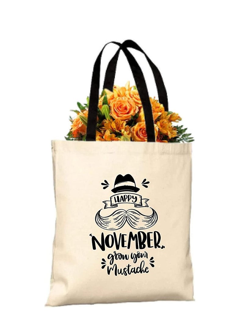 PRINTSHOP4ME - Movember Cotton Jute Bag With Black Handle Bag For Movember,Mobro, Mens Health Awareness For Fundraising Awareness Campaigns - Image 1