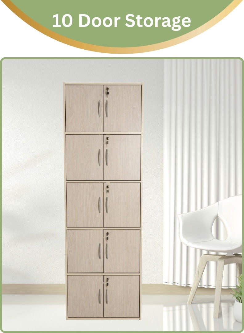 AFT Modern Wooden 10 door Storage Cabinet with Lockable Doors – 185 cm Tall Freestanding Organizer with 5  Shelves, 40x60 cm Surface Area, 15 mm Thick Panels – Durable Multipurpose Cupboard for Home, Office, or Bedroom Use – White Ash Oak - Image 3