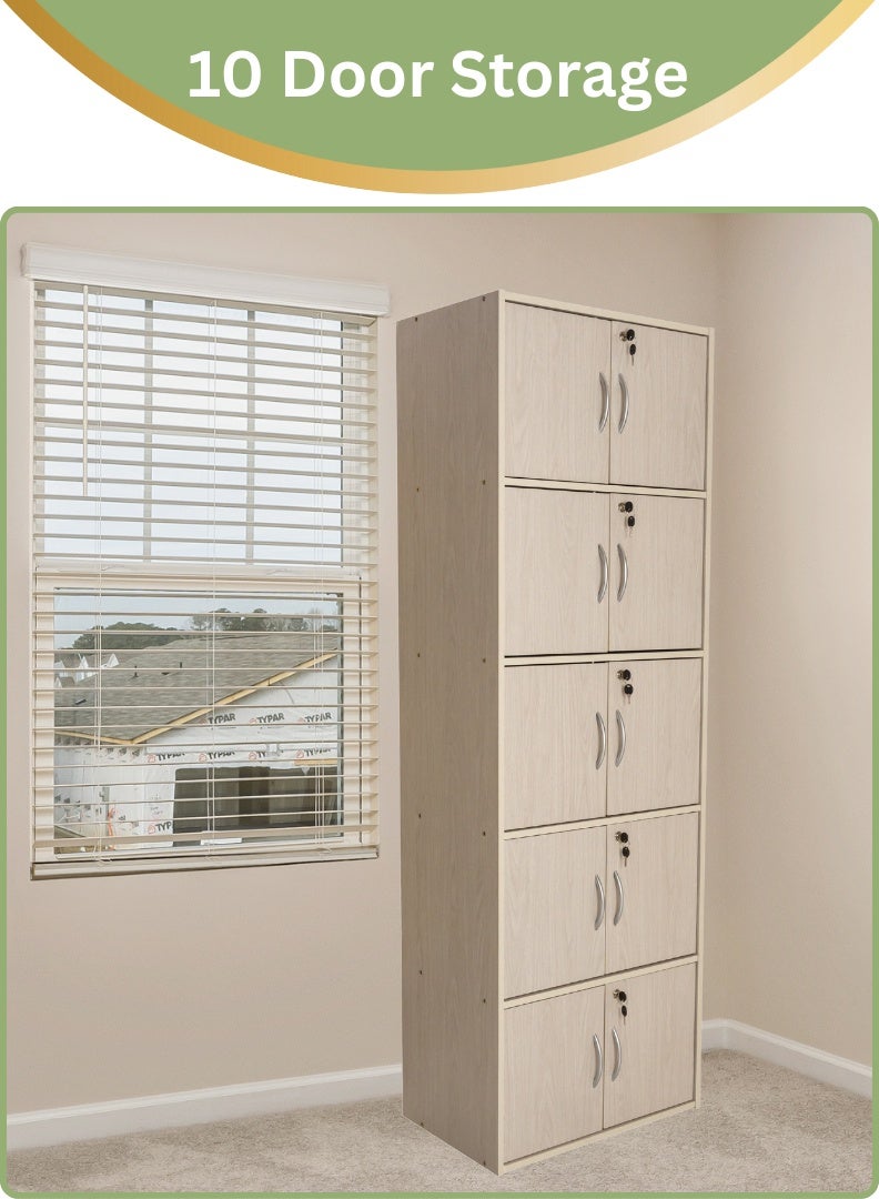 AFT Modern Wooden 10 door Storage Cabinet with Lockable Doors – 185 cm Tall Freestanding Organizer with 5  Shelves, 40x60 cm Surface Area, 15 mm Thick Panels – Durable Multipurpose Cupboard for Home, Office, or Bedroom Use – White Ash Oak - Image 4
