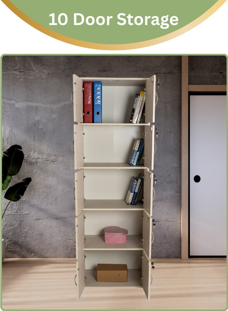AFT Modern Wooden 10 door Storage Cabinet with Lockable Doors – 185 cm Tall Freestanding Organizer with 5  Shelves, 40x60 cm Surface Area, 15 mm Thick Panels – Durable Multipurpose Cupboard for Home, Office, or Bedroom Use – White Ash Oak - Image 5
