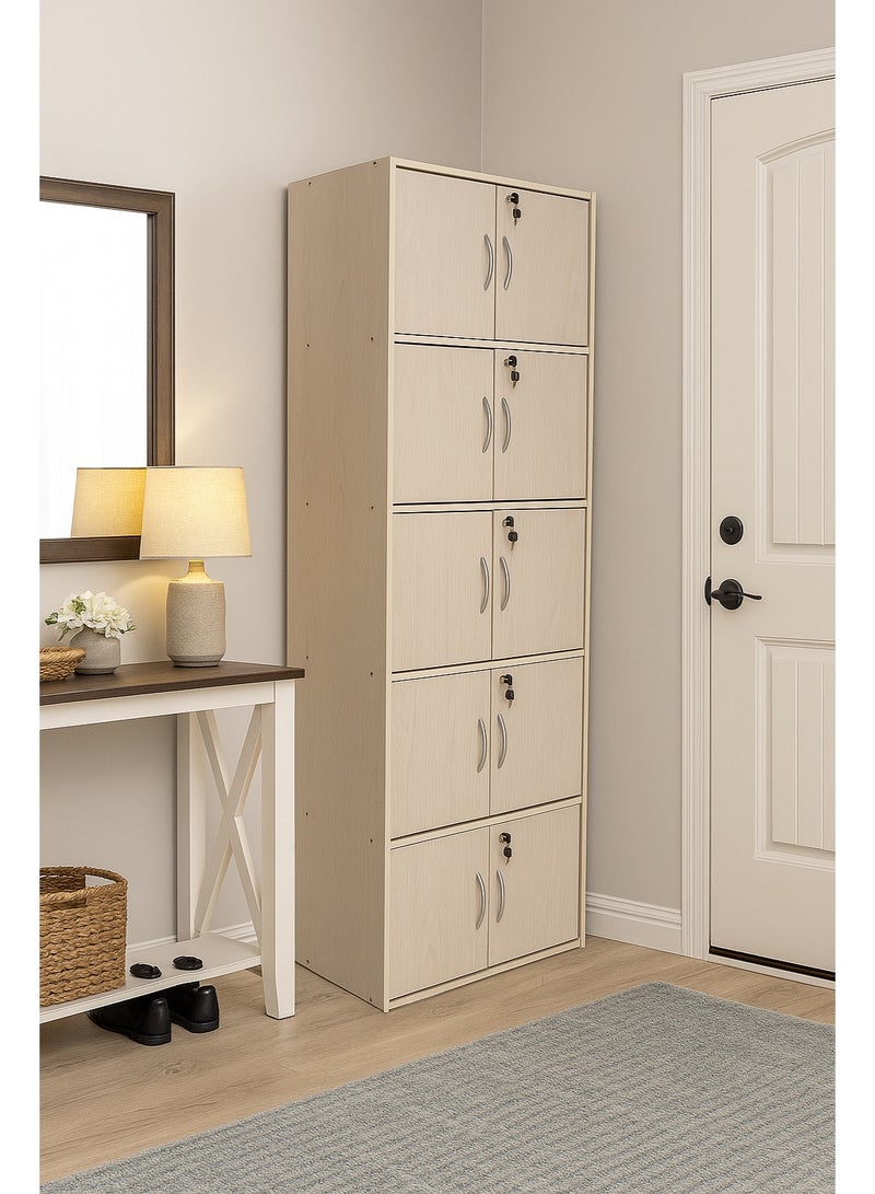 AFT Modern Wooden 10 door Storage Cabinet with Lockable Doors – 185 cm Tall Freestanding Organizer with 5  Shelves, 40x60 cm Surface Area, 15 mm Thick Panels – Durable Multipurpose Cupboard for Home, Office, or Bedroom Use – White Ash Oak - Image 2