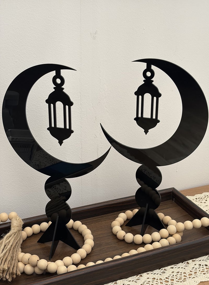 لوحة مجموعة من قطعتين ستاند ديكور من الأكريليك على شكل هلال يحمل فانوس رمضان - Image 1