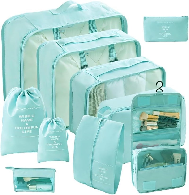 10 Piece Travel Luggage Organizer Set Packing Cubes for Suitcases, Clothes, Toiletry, Shoes & Laundry, Travel Storage Bags with Shoe & Underwear Compartments Portable Packing Kit for Trips (Blue)