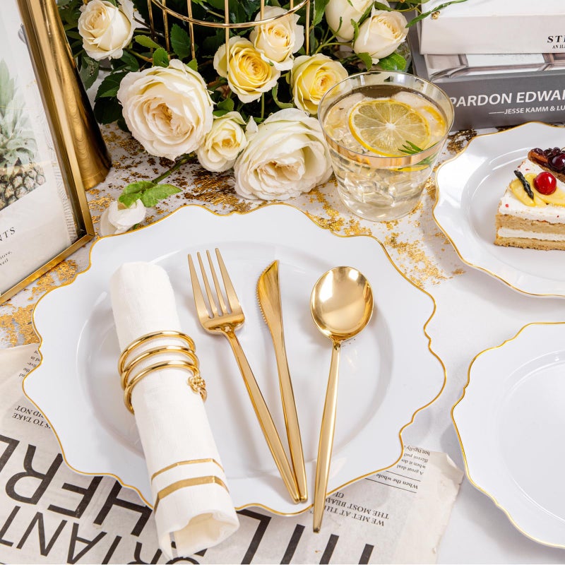 WDF 175Pcs Gold Disposable Plates - White and Gold Plates 25guest Plastic Dinnerware Ideal for Party/Wedding/Banquets/Birthday - Image 1