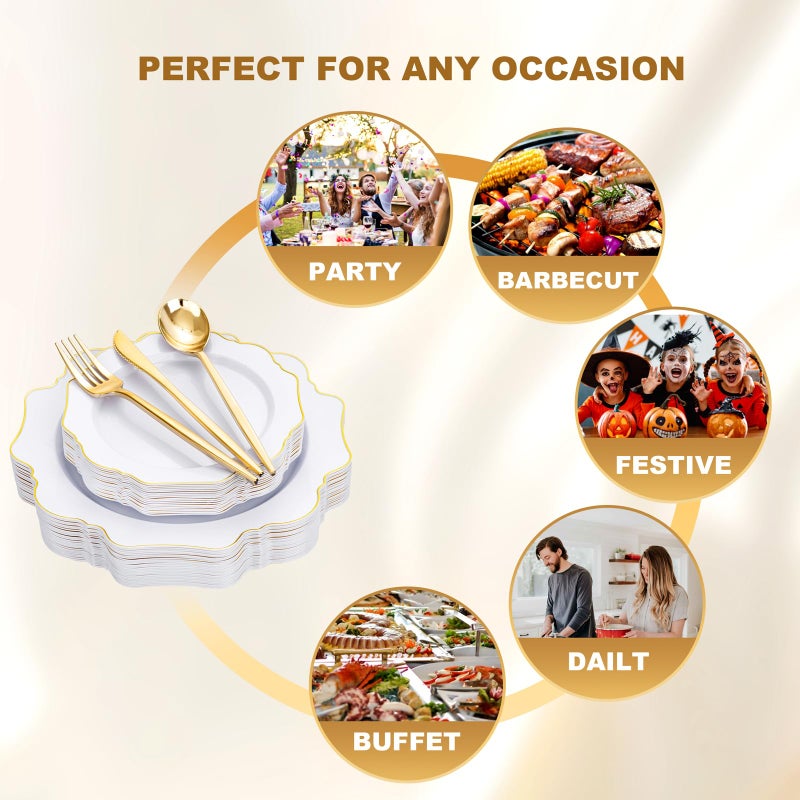 WDF 175Pcs Gold Disposable Plates - White and Gold Plates 25guest Plastic Dinnerware Ideal for Party/Wedding/Banquets/Birthday - Image 4