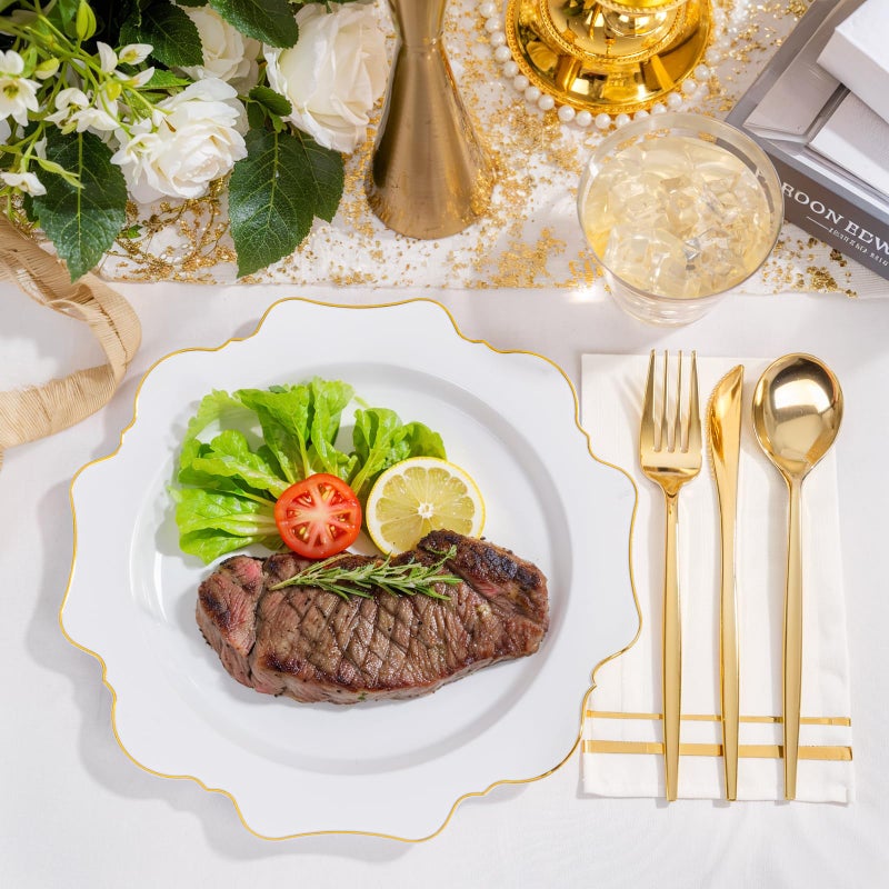 WDF 175Pcs Gold Disposable Plates - White and Gold Plates 25guest Plastic Dinnerware Ideal for Party/Wedding/Banquets/Birthday - Image 2